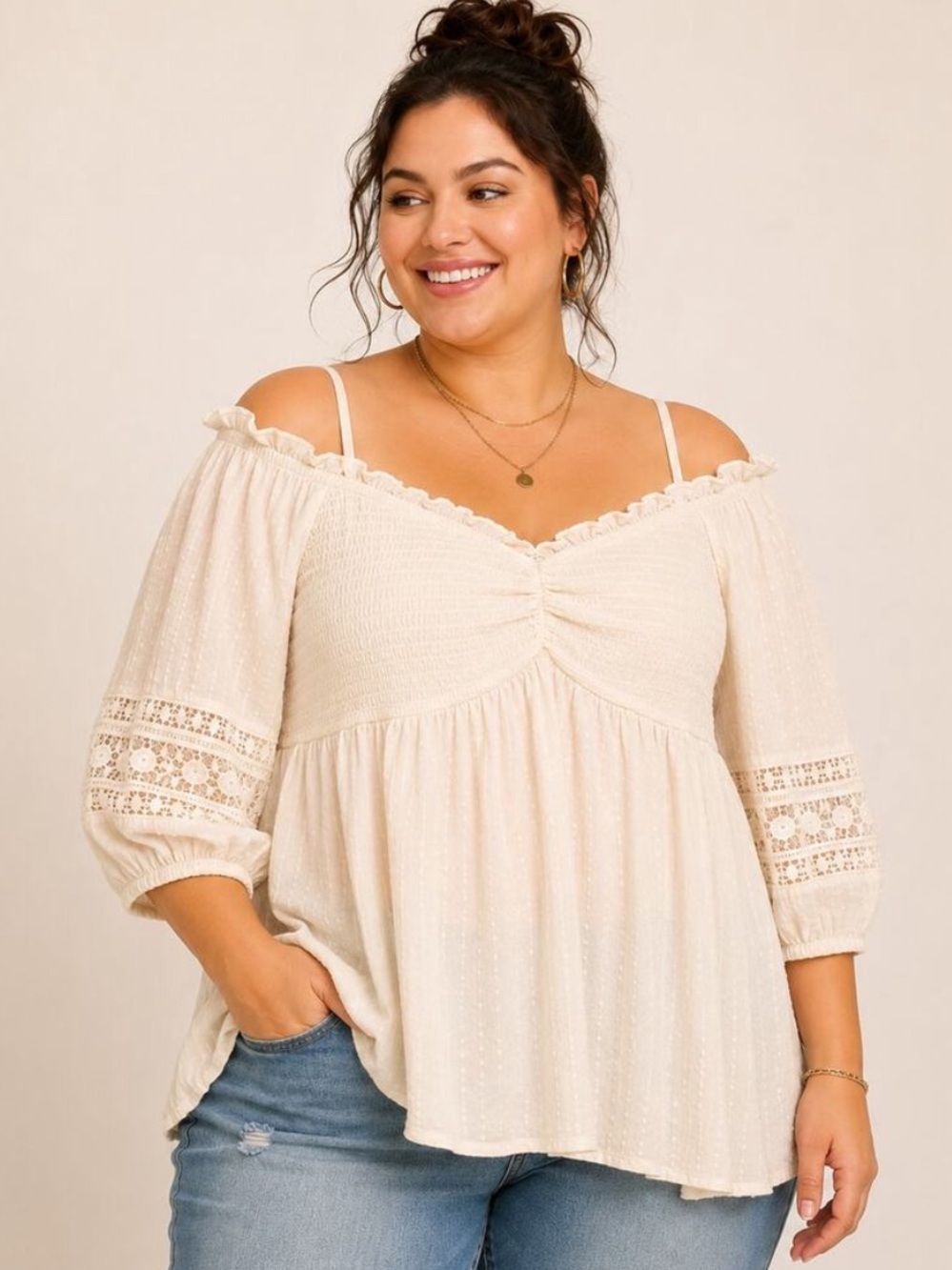 Torrid Lace Clip Dot Smocked Cold Shoulder Ruffle Neckline Peasant Top Size 2